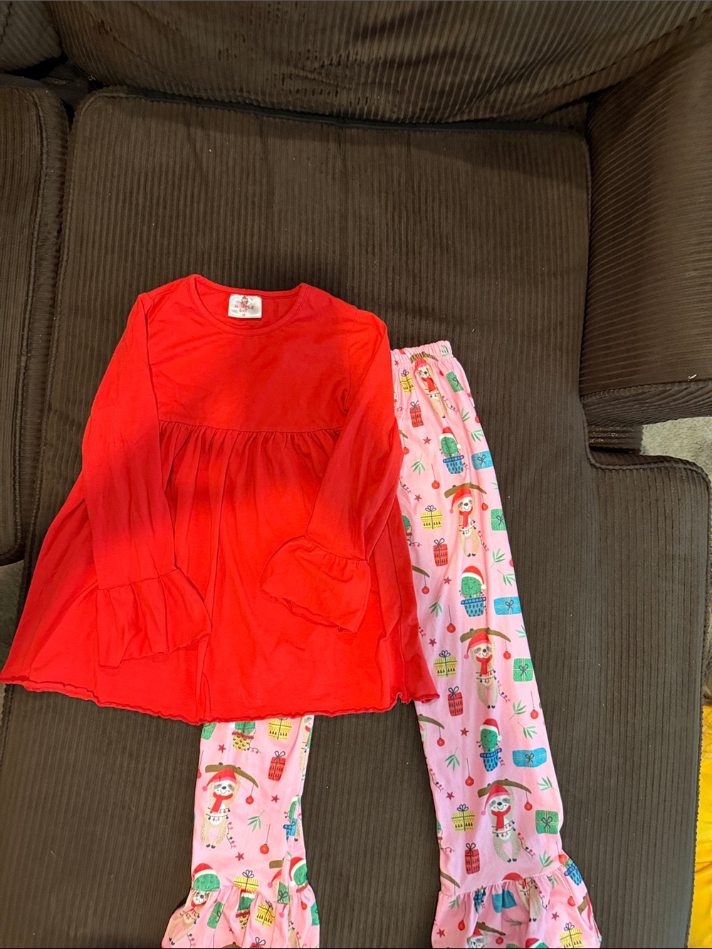 Children's Red Long-Sleeve Sloth Christmas Set with Pink Printed Pants